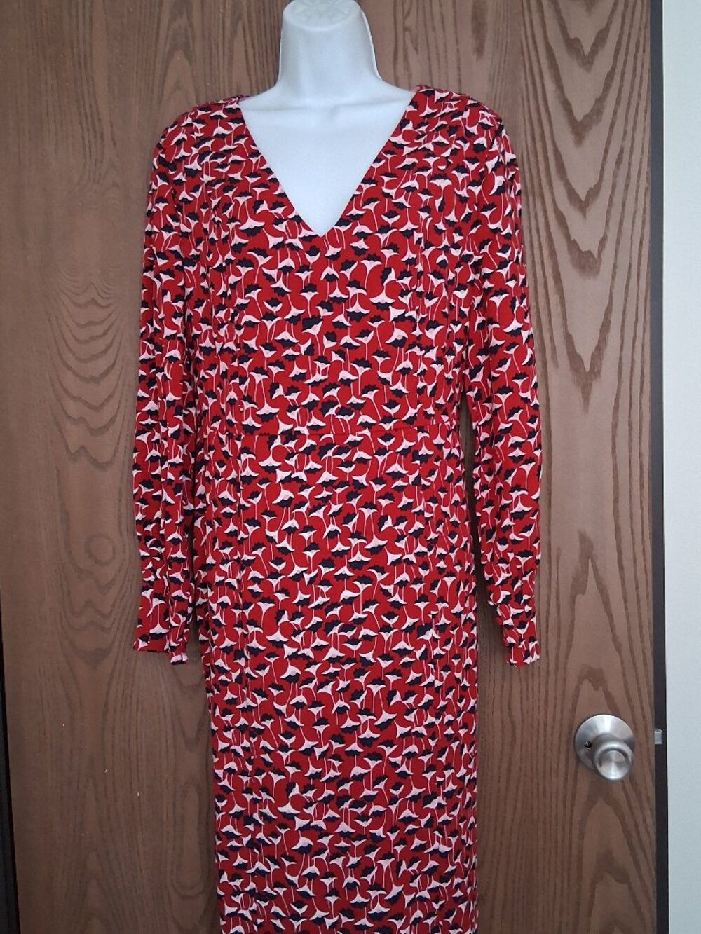 Boden Red Floral V-Neck Maxi Dress Size 12 Pink Flowers Back Zipper